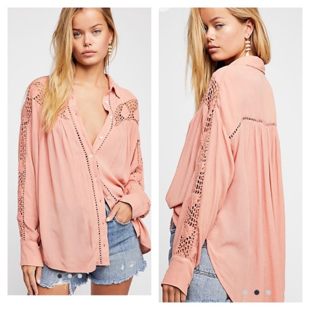 Free People Peach Katie Bird Crochet Inset Top